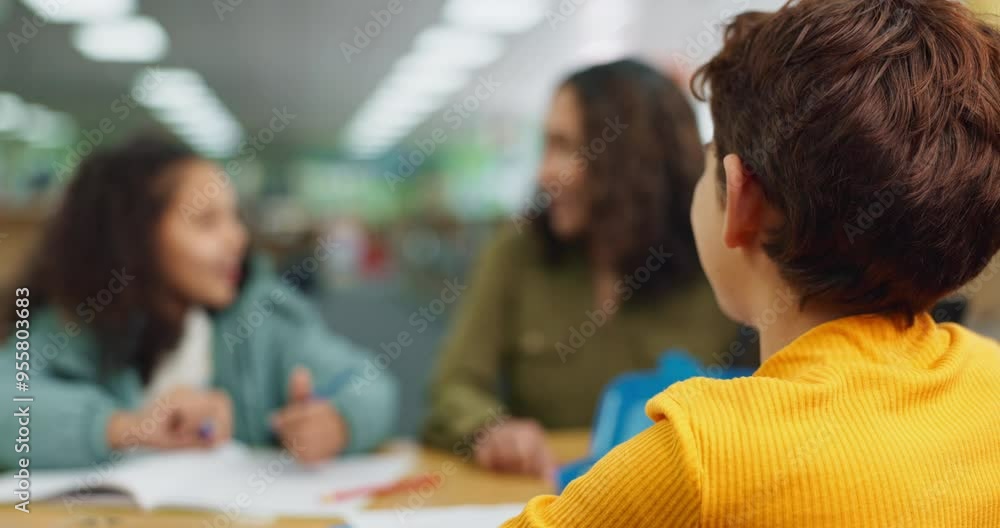 Poster Education, child and boy in library for learning support with teacher, feedback and answer questions at table. Students, tutor and language assistance with homework evaluation or knowledge with back
