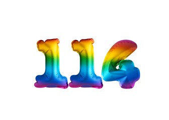 Multicolored balloon for number 114 celebration. Happy birthday on white background