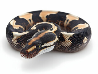Obraz premium A beautiful ball python resting in a coiled position, showcasing its striking pattern and colors.