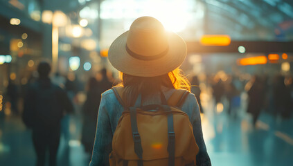 A traveler in a hat explores a vibrant transport hub, soaking in the atmosphere during the golden hour of sunset.