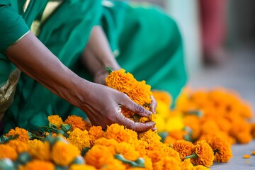 Indian woman dressed in Hindu traditional clothes holding orange marigold flowers for decoration house or temple. Indian wedding. Hindu Puja. Festival Vishu celebration. Ugadi, Gudi Padwa, Diwali