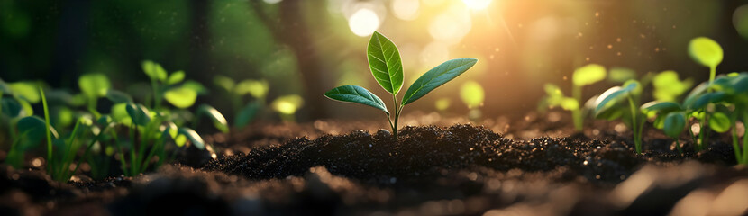 A close-up of a young plant emerging from rich soil, symbolizing growth and renewal in a vibrant, natural setting.