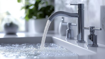 hyperrealistic vector illustration of water streaming from sleek modern faucet against pristine white background