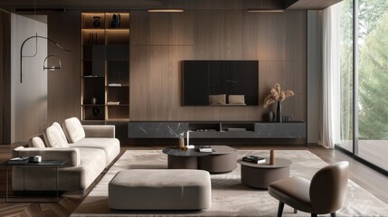 Modern Minimalist Living Room with Neutral Tones and Contemporary Furniture in a Spacious Home