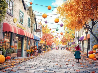 Fototapeta premium A retro Halloween festival in a small town square, children in 1970s costumes trickortreating among festively decorated stalls and lanterns