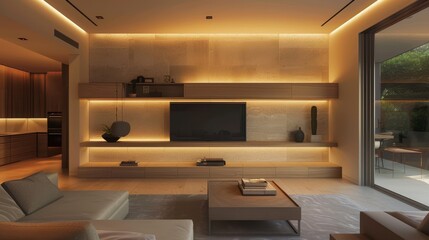 Modern Minimalist Living Room with Ambient Lighting and Contemporary Furniture Design