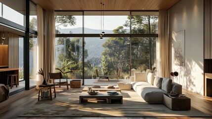 Modern Luxury Living Room with Panoramic Forest View and Elegant Interior Design
