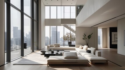 Modern Luxury Living Room with Panoramic City Views and Minimalist Interior Design