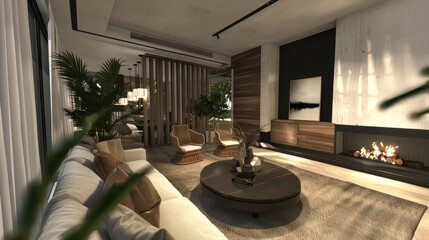 Modern Luxurious Living Room with Cozy Fireplace, Elegant Furniture, and Natural Light