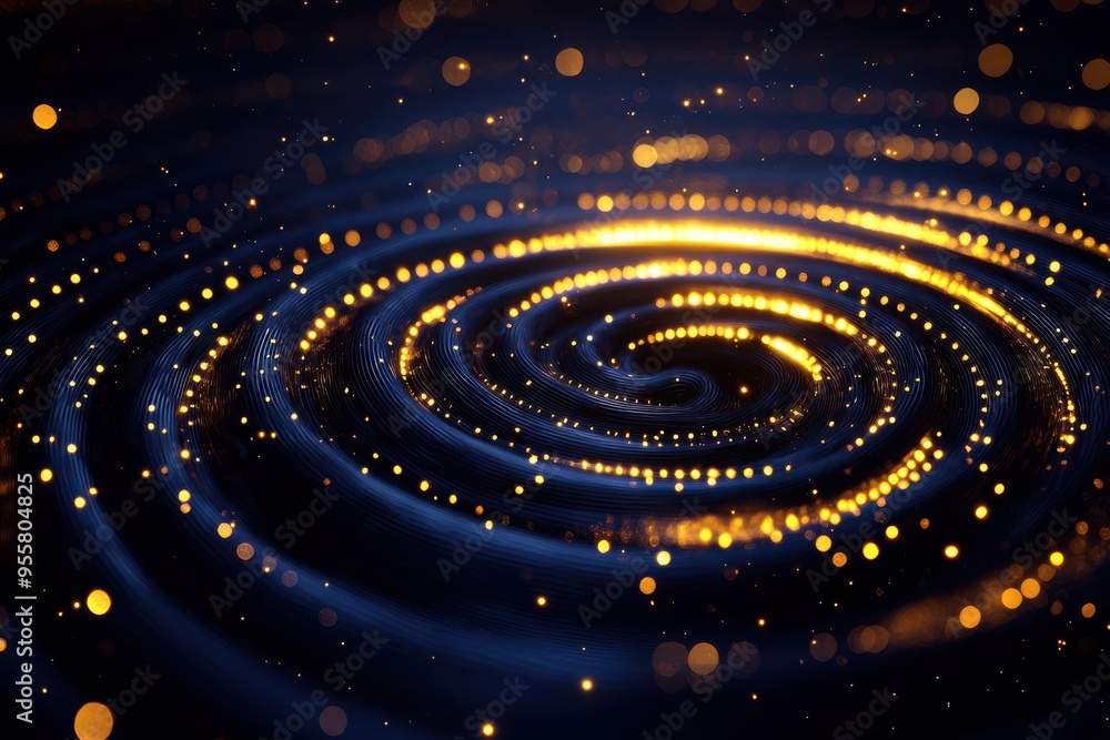 Poster a mesmerizing swirl of golden particles against a dark background, creating an enchanting and dynami