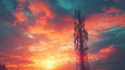imposing telecommunication tower against dramatic sky multiple antennas and dishes symbol of global connectivity and information age