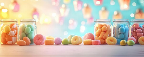 Obraz premium Oldfashioned Halloween candy shop with folklorethemed sweets, jars filled with caramel and taffy, under the warm glow of vintage lanterns