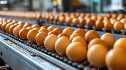 industrial conveyor belt transporting rows of farmfresh brown eggs pristine processing plant environment showcases modern food production emphasis on efficiency and quality control