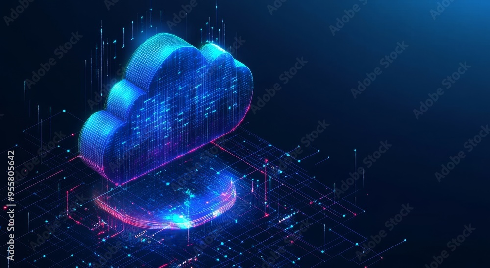 Poster cloud computing technology abstract concept with network lines and glowing neon lights