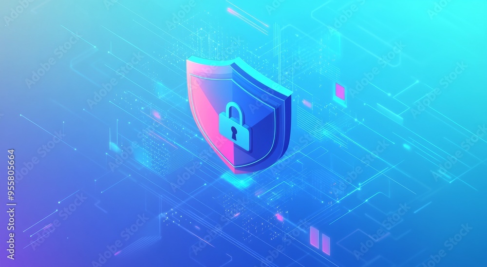 Poster cyber security shield with lock on abstract background