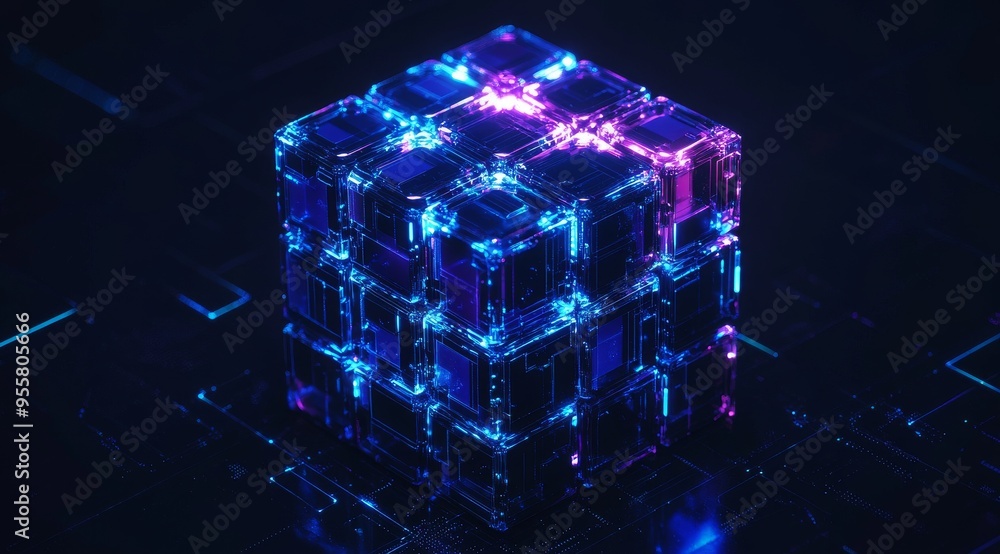 Poster abstract neon cube with glowing lines and digital circuit background