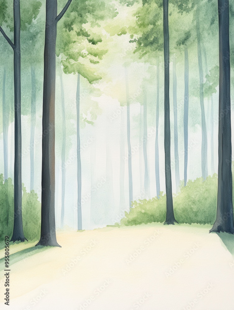 Poster a serene forest scene with tall trees, soft light filtering through leaves, creating a tranquil and 