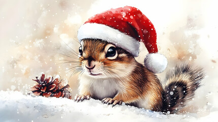 A cute squirrel wearing a Santa hat, set against a snowy background, perfect for holiday-themed designs and decorations.