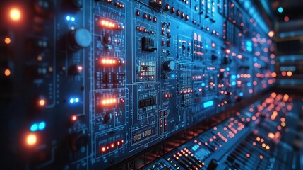 Fototapeta premium industrial symphony in blue low voltage switchgear bathed in electric blue light intricate patterns of wires and circuits form visual rhythm