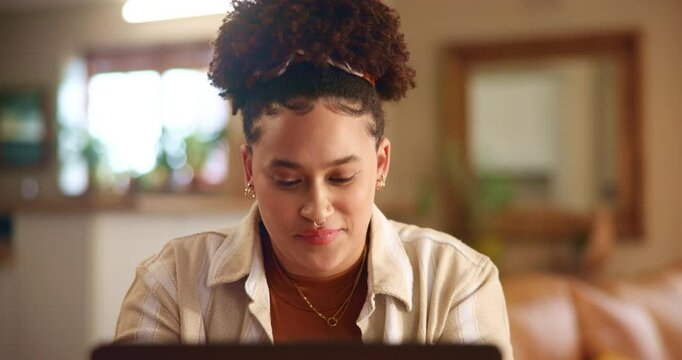 Remote work, thinking and businesswoman with laptop for research, proofreading and draft angle for story. Freelancer, content writer and online publication with digital for typing, editing or article