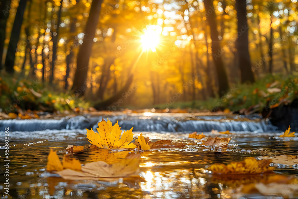 Poster autumn leaves float on a stream, illuminated by soft sunlight filtering through the trees, creating 