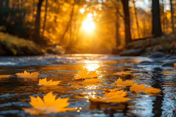 Fototapeta premium Autumn leaves float on a tranquil stream, illuminated by the warm glow of a sunset in a peaceful forest setting.