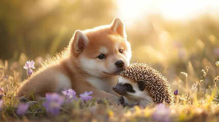 Obraz premium A cute puppy cuddles with a hedgehog in a field of flowers, capturing a heartwarming moment of friendship and warmth.