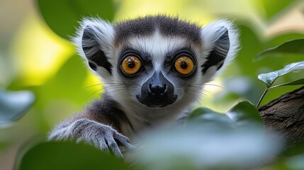 inquisitive ringtailed lemur scaling tree trunk striking black and white fur expressive eyes long tail lush green foliage background soft natural lighting wildlife portrait