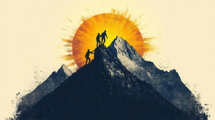 inspiring handdrawn logo concept two figures helping each other reach mountain summit radiant sun behind peak symbolizes achievement uplifting teamwork and unity message
