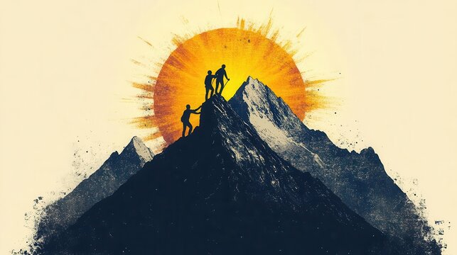 inspiring handdrawn logo concept two figures helping each other reach mountain summit radiant sun behind peak symbolizes achievement uplifting teamwork and unity message