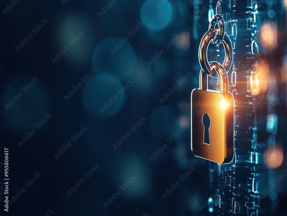 Poster a shining padlock symbolizing security against a digital backdrop, representing data protection and 