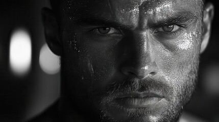 intense closeup of muscular shot put athlete veins bulging determined expression dramatic black and white stadium lights