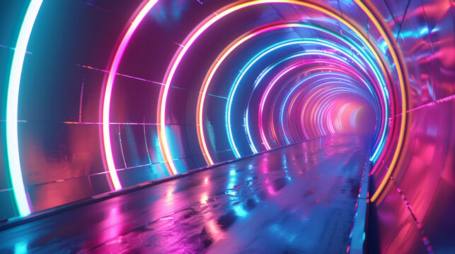 3D winding tunnel entrance in vibrant neon lights with cyberpunk style futuristic colorful cool dimension universe likely atmosphere citypop club party rainbow background