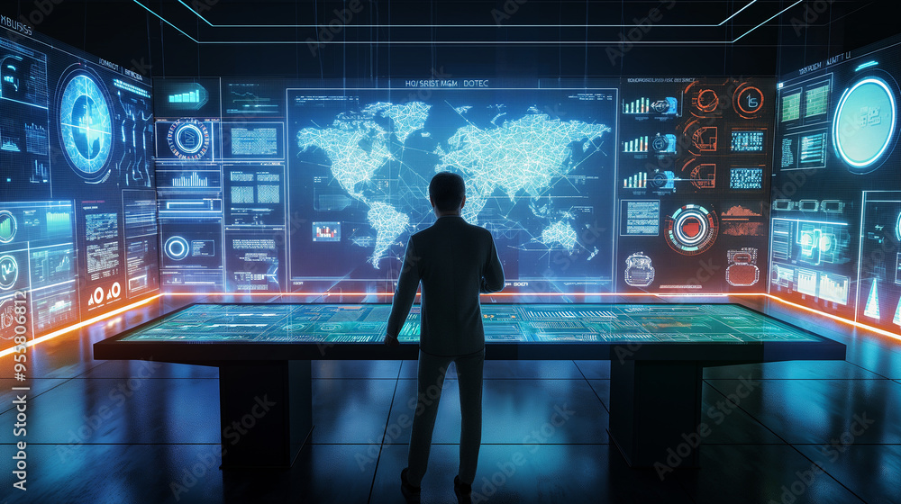 Poster a businessman using virtual business management system through augmented reality technology