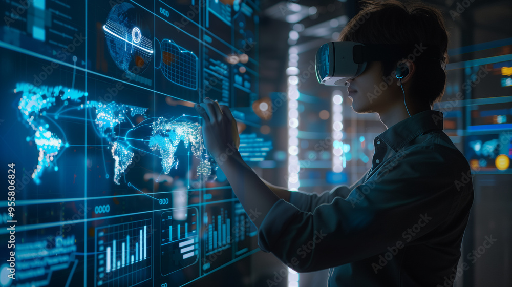 Poster a businessman using virtual business management system through augmented reality technology