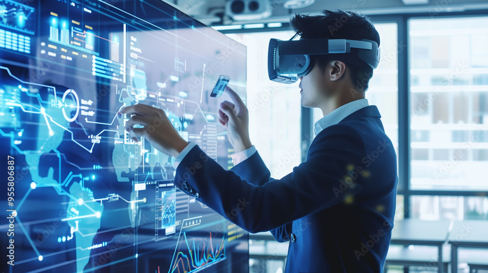 Poster a businessman using virtual business management system through augmented reality technology
