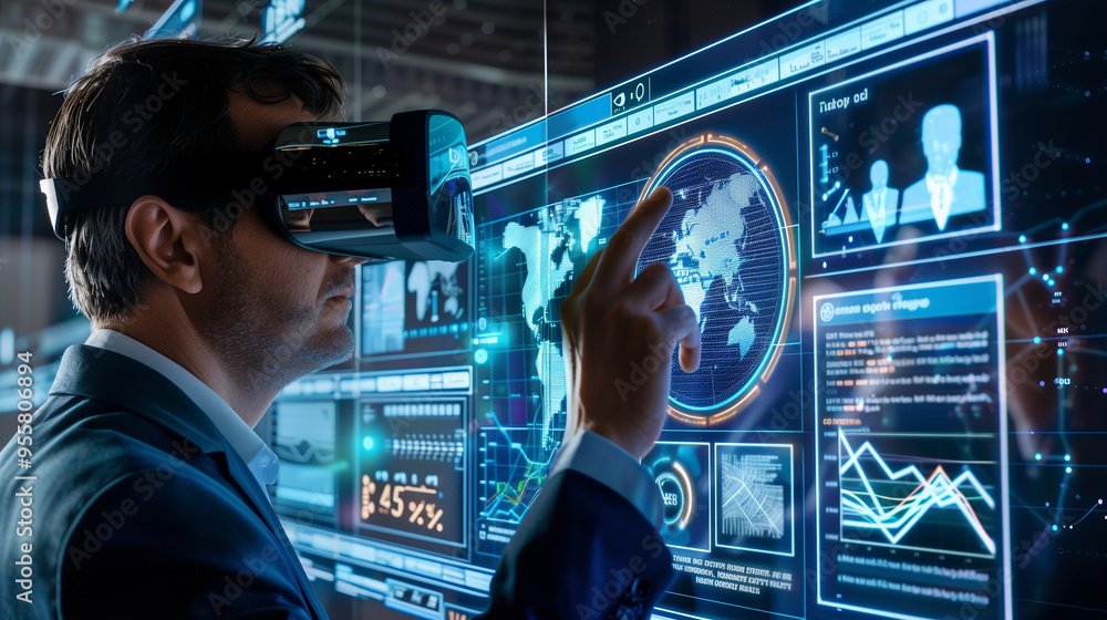 Poster a businessman using virtual business management system through augmented reality technology