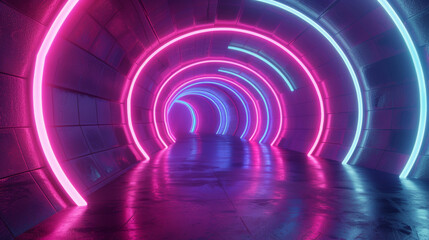 Fototapeta premium 3D winding tunnel entrance in vibrant neon lights with cyberpunk style futuristic colorful cool dimension universe likely atmosphere citypop club party purple blue background