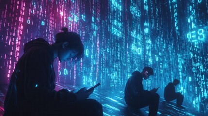 Individuals concentrate on their smartphones, immersed in a digital world filled with numbers, reflecting a sense of isolation. Generative AI