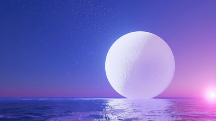 A 3D white moon with a glowing texture surface on beautiful relaxing wave wide ocean gradient starry night cinematic design purple blue dreamy refresh web background