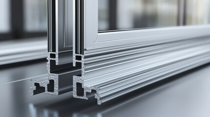Aluminum profile frames double glazing on construction. PVC metal silver color windows and doors detail cross section. 3D illustration. aluminium protruded profile for windows and doors