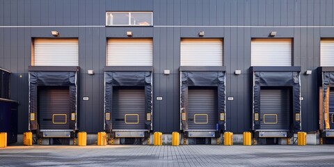 Entrance gates and loading docks for trucks at a distribution warehouse