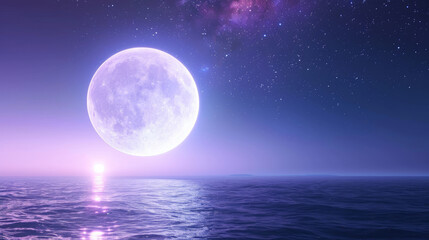 A 3D white moon with a glowing texture surface on beautiful relaxing wave wide ocean gradient starry sky night cinematic design galaxy purple dreamy refresh background