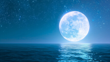 A 3D white moon with a glowing texture surface on beautiful relaxing wave wide ocean gradient night cinematic design crystal blue dreamy refresh background