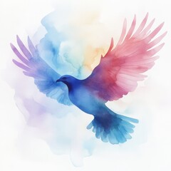 Obraz premium A vibrant watercolor illustration of a bird in flight, showcasing beautiful hues of blue and pink against a soft background.