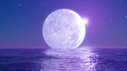 A 3D white moon with a glowing texture surface on beautiful relaxing wave wide ocean gradient night cinematic design purple blue dreamy background