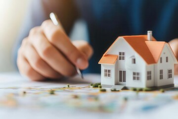 Photo-realistic close-up of hands organizing property listings based on strategic priorities   Prioritization, real estate strategy