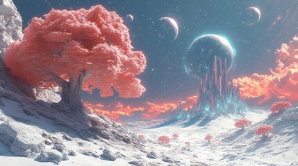 Mystical Landscape Heavenly Dawn: Luminescent Trees and Serene Cloudscape