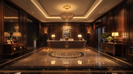 small bells from the elegant hotel reception, there is a long table made of dark brown wood adding a luxurious impression.