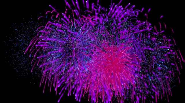 Pink, Purple and Blue Fireworks elements on transparent background and also on black background.